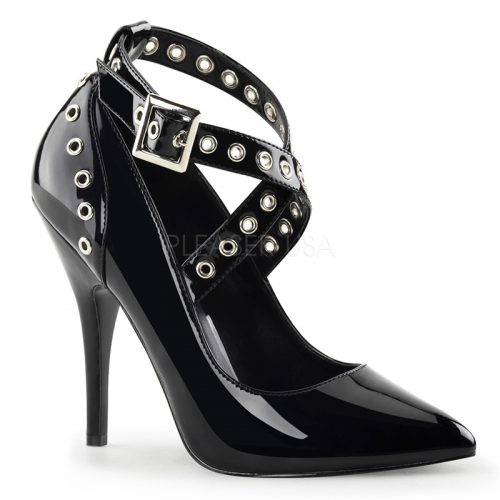 Lak pumps met studs en naaldhak | Zwarte lak pumps met kruisbanden en studs