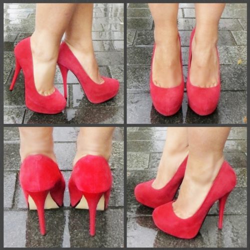 Rode pumps in echt suede met hoge hakken en platform