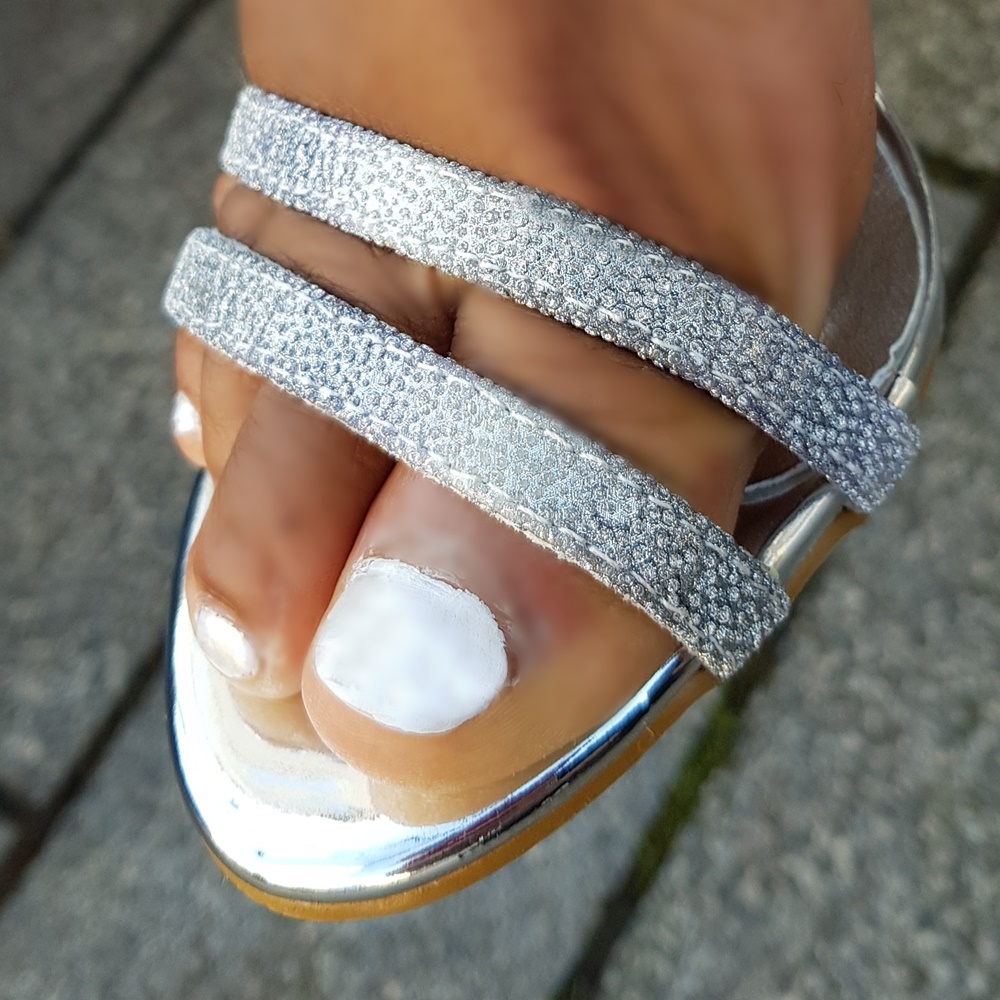 Glittersandaaltjes met hoge hak | Sandaaltjes zilver met paars met hak | Glitter hakken zilver met paars