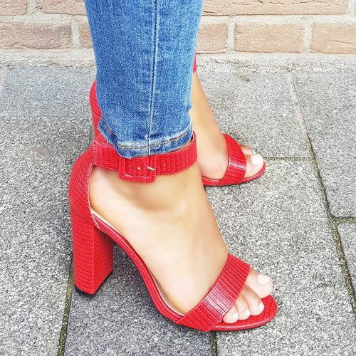 Rode sandalen met brede hak en reptielprint | Sandalen met hak en reptiel print in rood