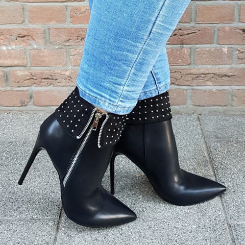 Bikerboots met hoge hak en studs | Zwarte enkellaarsjes met hoge hak en zilveren studs