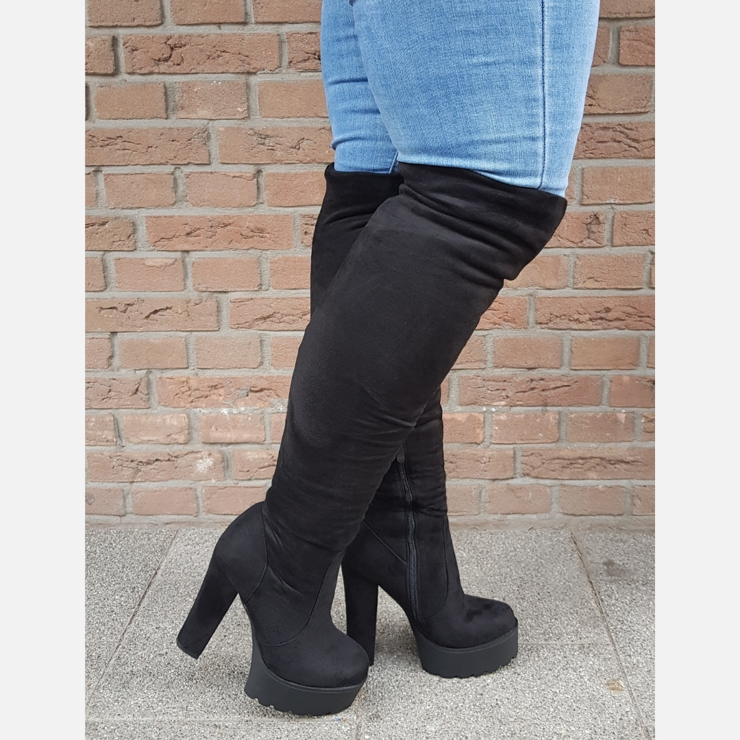 omvang droog hoesten Overknee laarzen met hoge blokhak in zwart | Silhouette