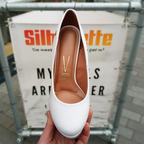 Witte pumps met hoge hak ronde neus en plateau | Plateau pumps in wit met hoge hak en ronde neus