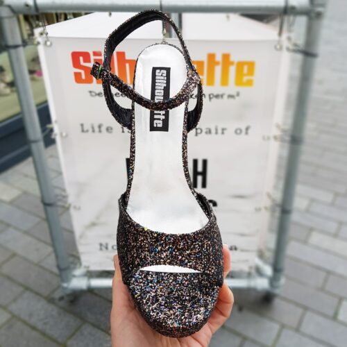 Zwarte glitterhakken met plateau in grote maten | Zwarte glitter sandalen met hak voor grote voeten