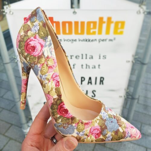 Pumps met hoge hak en bloemenprint blauw/roze | Hoge hakken met bloemenprint