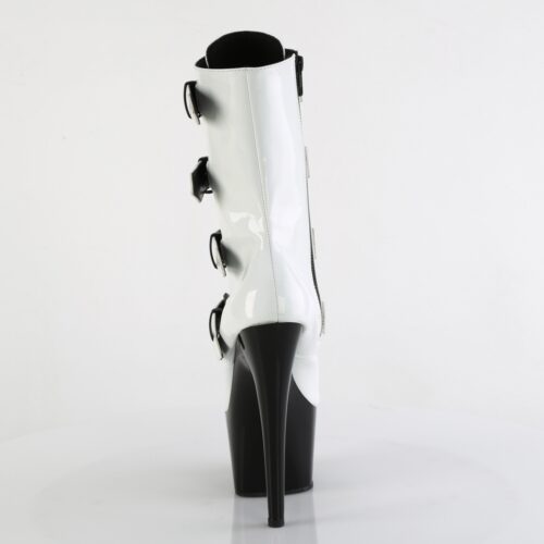 Witte Pleaser hologram boots met gespen en studs | Witte enkellaarzen met zwarte plateau en hak