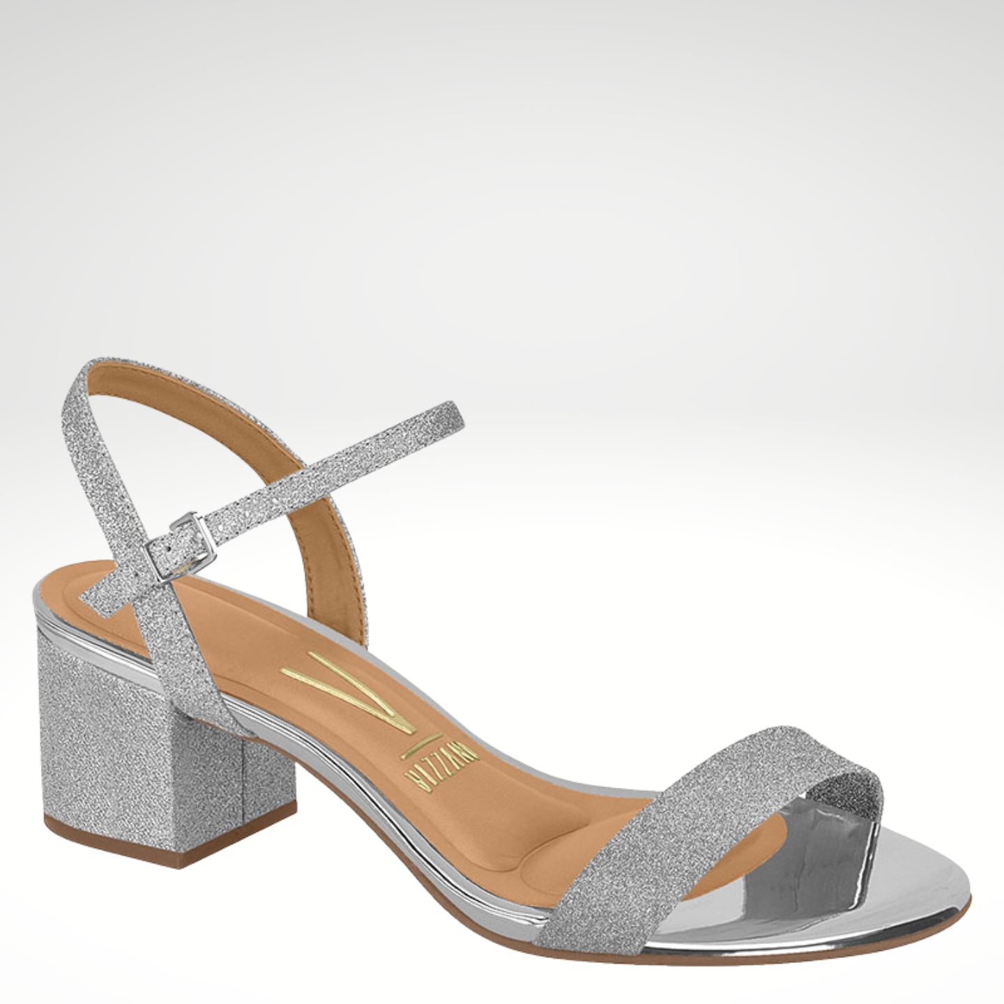 2724-98-004 – Feestelijke zilveren sandalen met lage blokhak – Zilveren glitter blokhakken