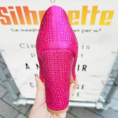 Roze glitterpumps met steentjes en blokhak | Roze pumps met strass steentjes