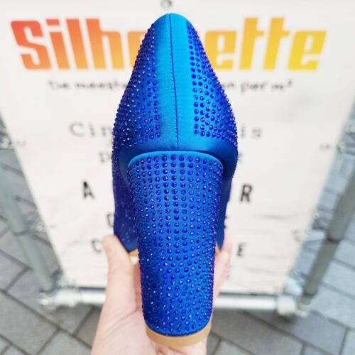 Blauwe glitterpumps met steentjes en blokhak | Blauwe pumps met strass steentjes