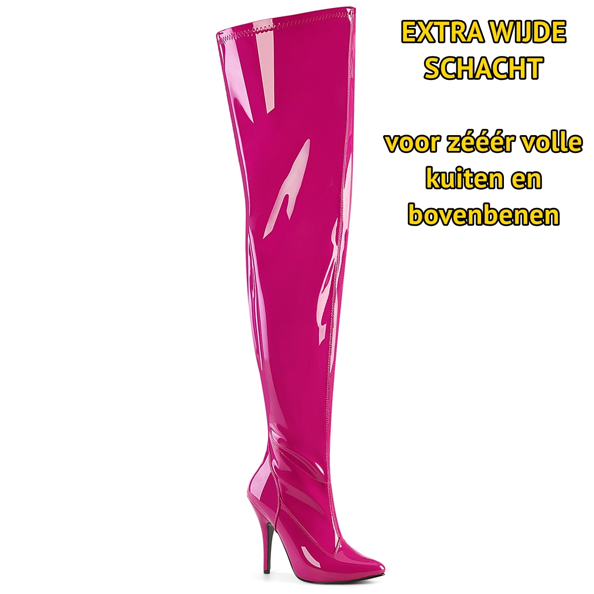 2638-64-007 – Extra wijde lak overknee laarzen in fuchsia – Roze lak overkneelaarzen met extra wijde schacht