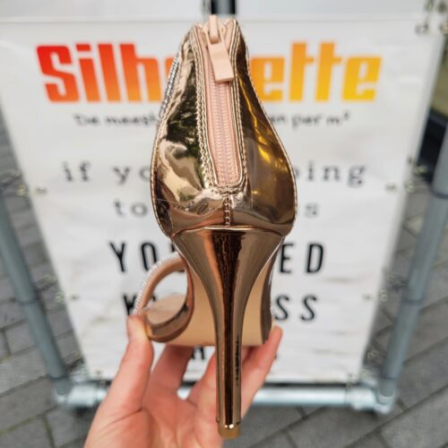 Rosé gouden open hakken met strass-steentjes | Feestelijke champagnekleurige hakken