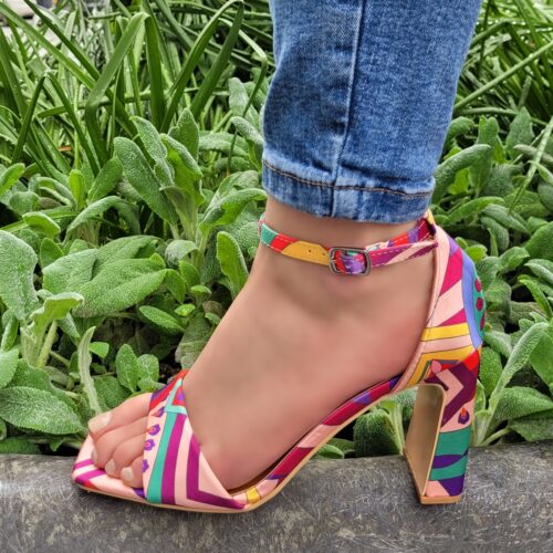 Veelkleurige sandalen met blokhak en enkelbandje | Gekleurde blokhaksandalen met bandje