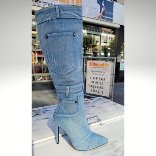 Denim laarzen met hoge naaldhak lichtblauw | Lichtblauwe jeans laarzen met hoge hakken