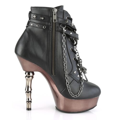 Gothic enkellaarzen met skelet-hak en chrome zool | Muerto Pleaser enkellaarzen met hoge hak