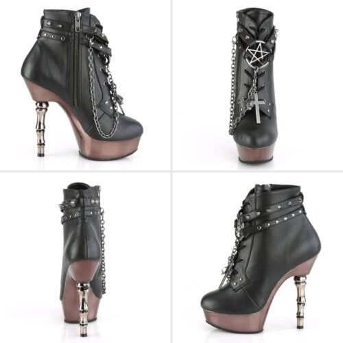 Gothic enkellaarzen met skelet-hak en chrome zool | Muerto Pleaser enkellaarzen met hoge hak