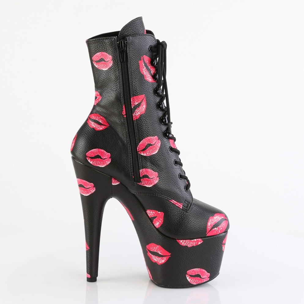Zwarte Pleaser laarzen met rode lippen | Pleaser Kiss enkelboots