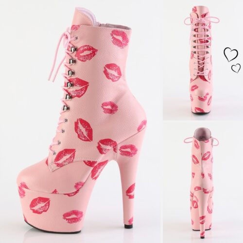 2328-66-009 - Roze Pleaser laarzen met rode lippen | Roze Pleaser Kiss enkellaarzen