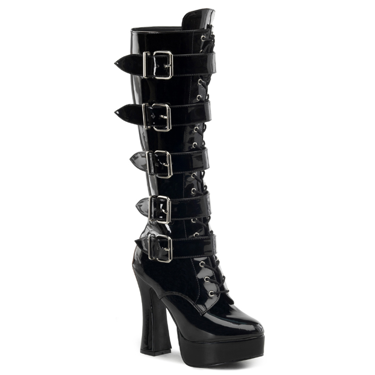 2625-10-081 – Kinky laklaarzen met gespen en brede hak – Zwarte lak laarzen met plateau en gespen (2)
