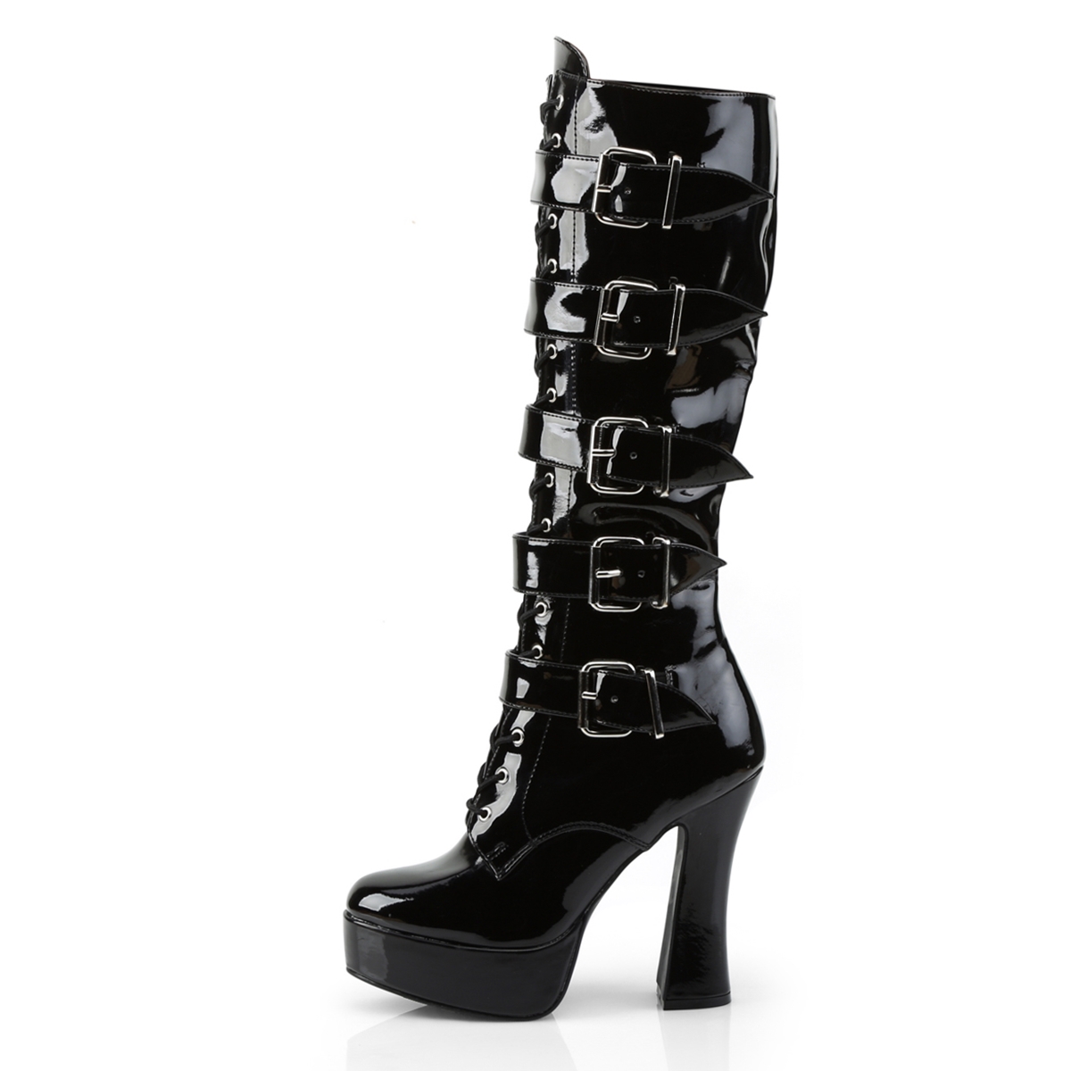 Kinky laklaarzen met gespen en brede hak | Zwarte lak laarzen met plateau en gespen