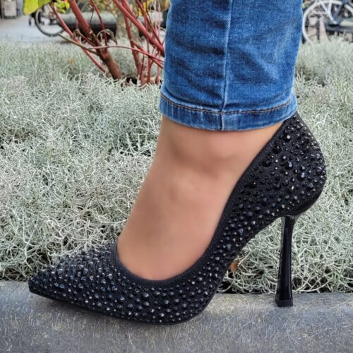 Zwarte pumps met glitters en strass op hoge knikhak | Zwarte hoge hakken met steentjes