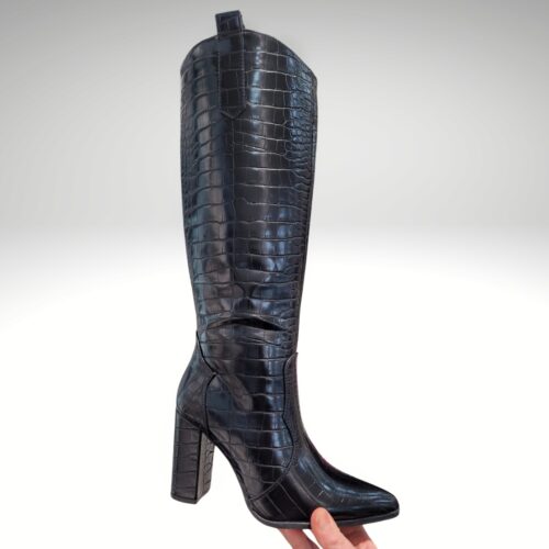 Zwarte cowboylaarzen met krokoprint en blokhak | Zwarte hoge laarzen met blokhak en crocoprint