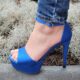 Kobalt blauwe sandalen met hoge hak in satijn | Blauwe satijnen hoge hakken met plateau