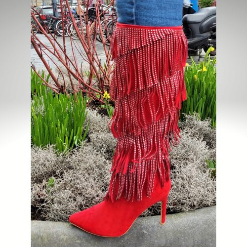Rode laarzen met glitter franjes en hoge hak | Rode franjer laarzen met glitters en naaldhak