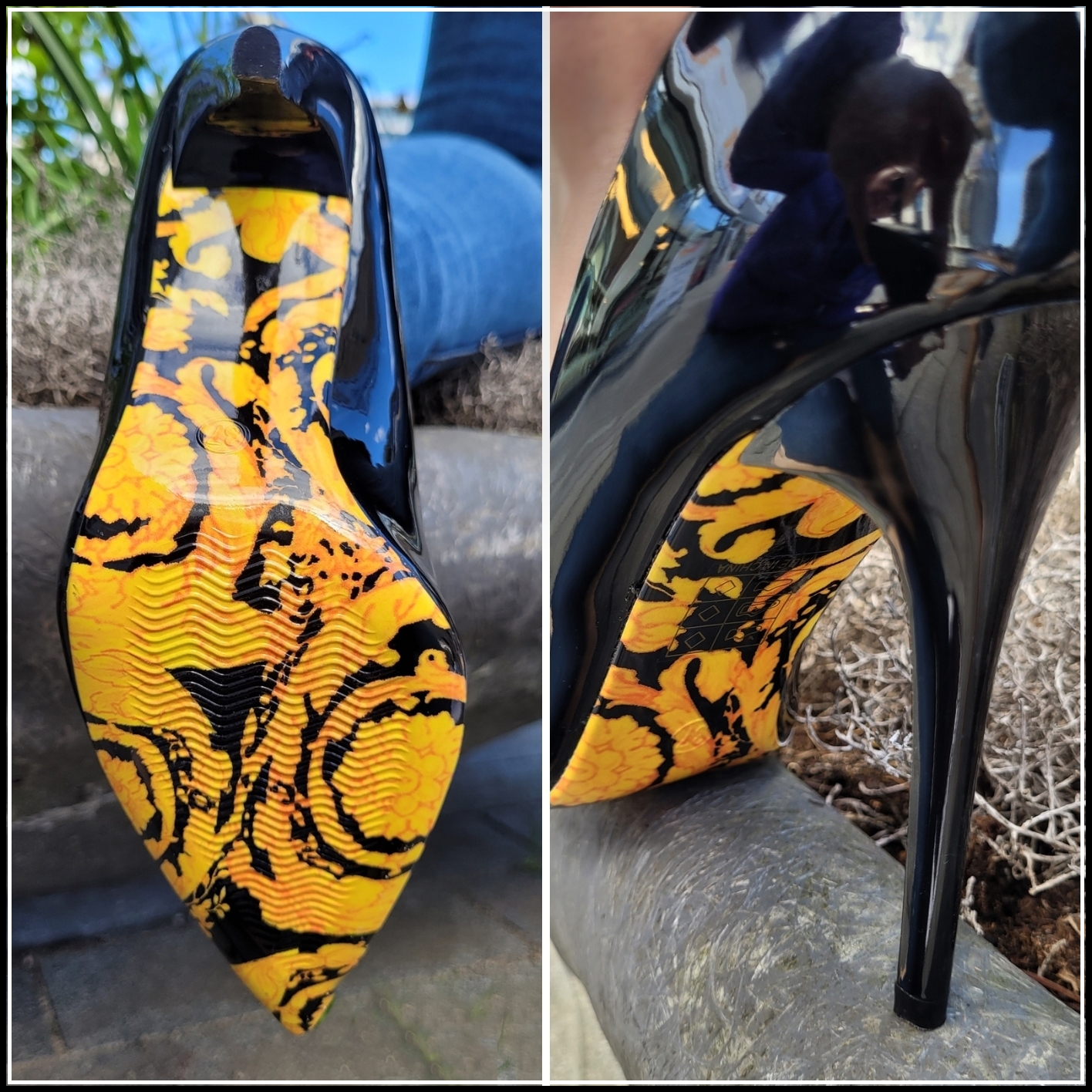 Zwarte hoge hakken met gele zool | Zwarte lak pumps met gele loopzool