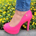 Fuchsia roze pumps met hoge hak en open teen | Matte roze pumps met plateau en hoge hak