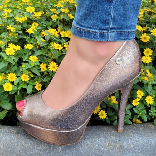 Pewter kleurige pumps met hoge hak en peeptoe | Pewter hoge hakken