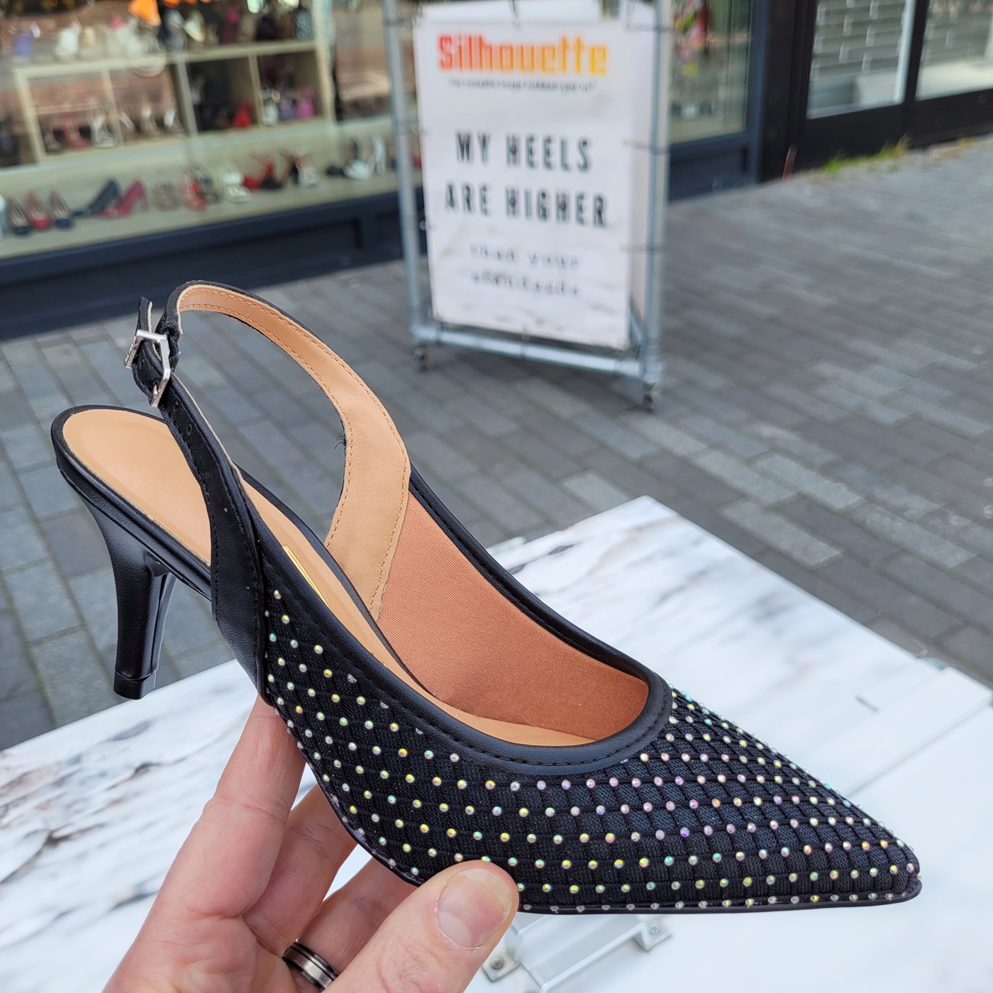 Zwarte slingback pumps met glitters van Vizzano | Zwarte glitterpumps met open hiel