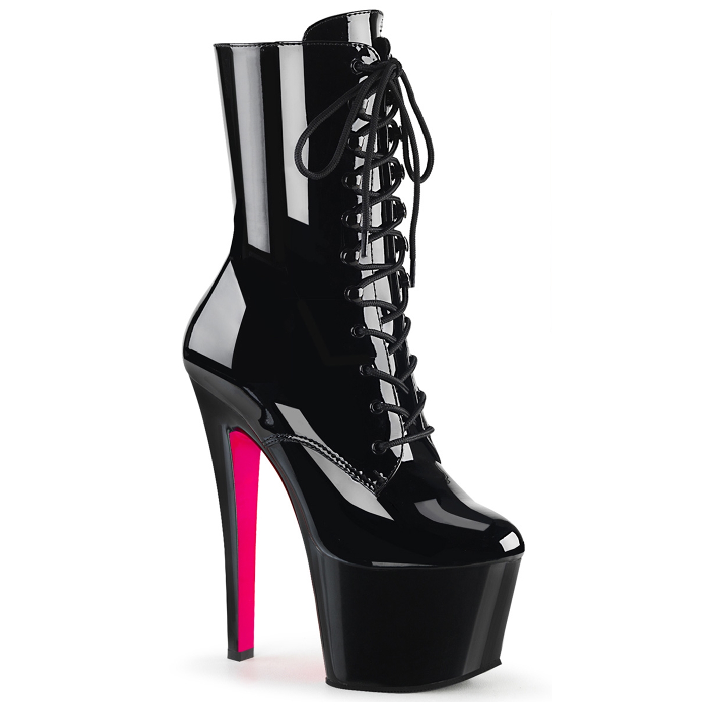 Zwarte Pleaserboots met neon roze onderkant | Zwarte enkellaarzen met roze zool van Pleaser