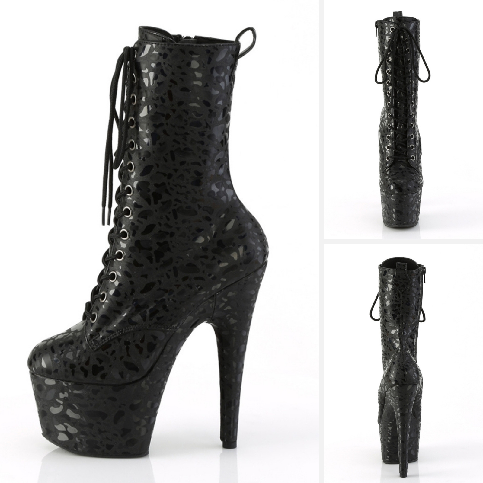 Zwarte Pleaser laarsjes met holografisch effect | Zwarte Pleaser enkelboots met panterprint