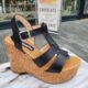 Zwarte hoge sleehakken met kurkzool | Zwarte gladiator sleehakken