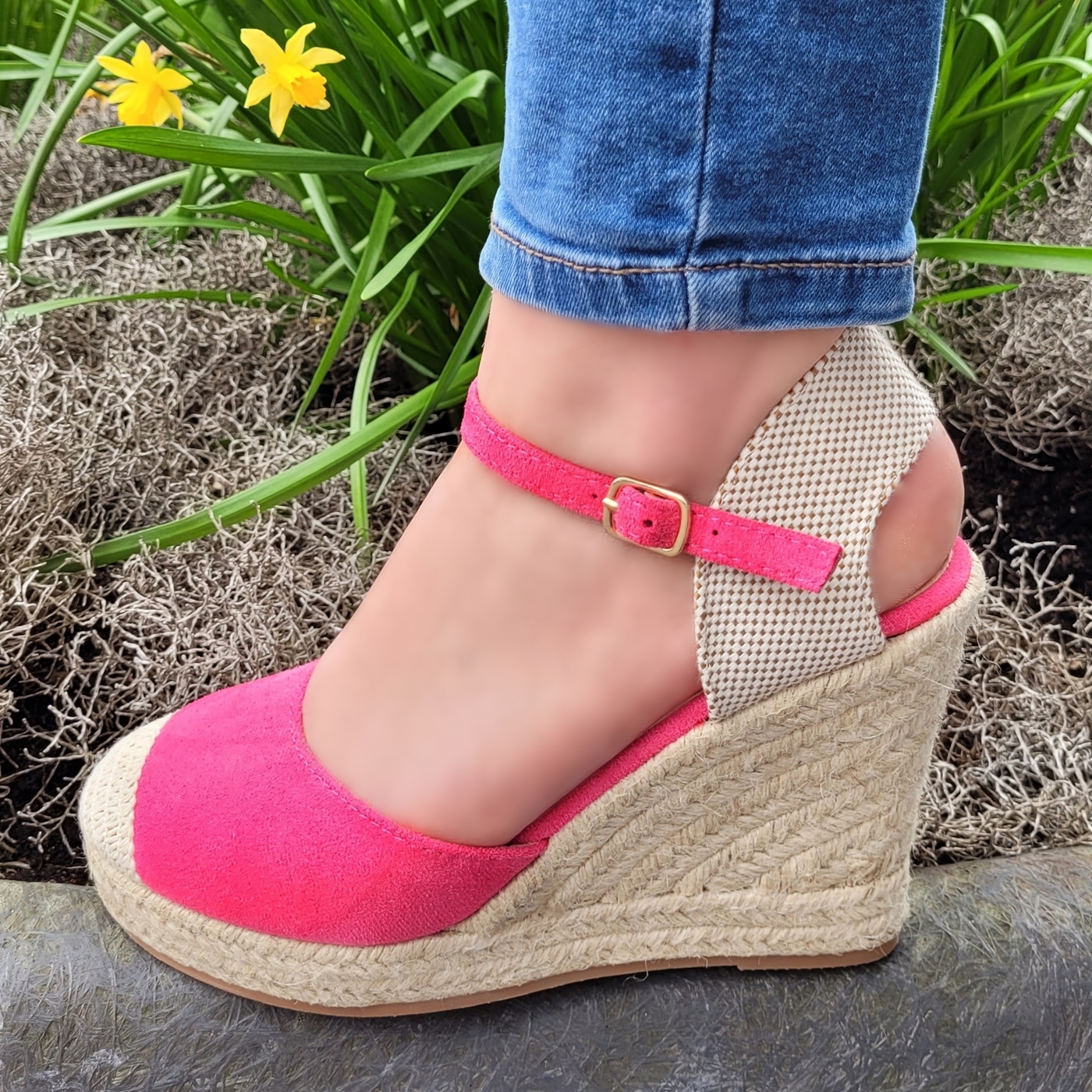 Fuchsia roze sleehak dichte neus met touwzool | Roze espadrilles met dichte voorkant