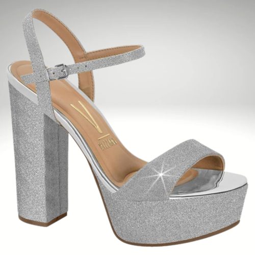 Open glitterhakken in zilver met hoge plateau | Zilveren glitter sandalen met hoge zool