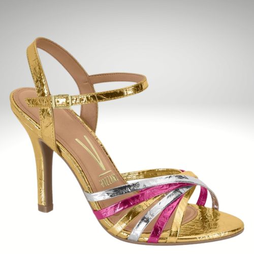 Sandaaltjes met hak en bandjes in goud zilver en fuchsia | Multicolour sandaaltjes met naaldhak