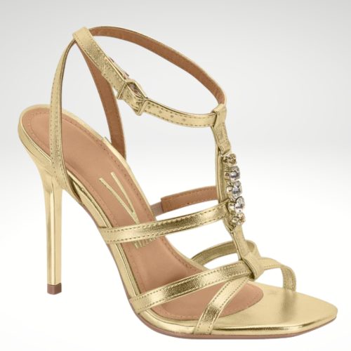 Gouden sandalen met hoge hak en strass steentjes | Gouden hoge hakken met steentjes