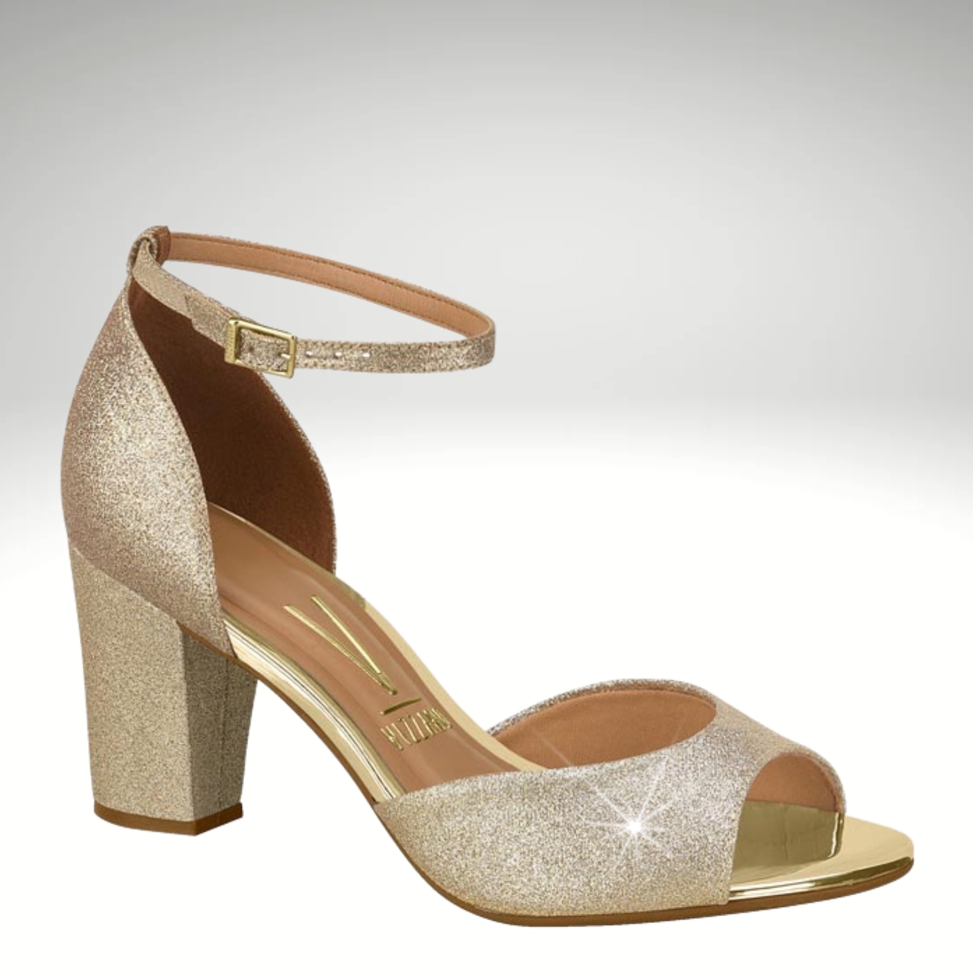 Glittersandaal met blokhak in goud | Gouden sandaal met dichte hiel en glitters