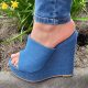 Denim sleehak slippers met plateauzool | Hoge jeans sleehak slippers