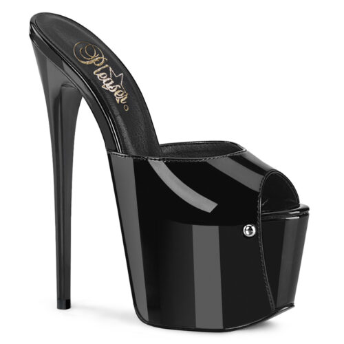 Pleaser slippers met extra hoge platform en naaldhak | Lak plateauslipper met hoge naaldhak